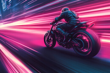 motorbike at high speed along the highway of cyberpunk city