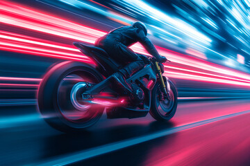 Obraz premium motorbike at high speed along the highway of cyberpunk city