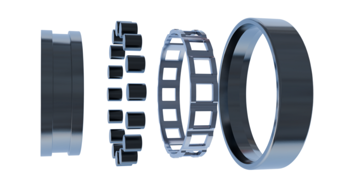 Close up of cylindrical bearing; Rotating machine elements; metallic cage and races bearing
