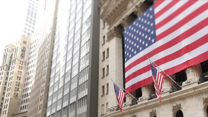 New York City, United States. Lower Manhattan Downtown Financial District urban architecture. Huge big American flag. Wall street Stock Exchange building, USA Stock Market trading. - Powered by Adobe