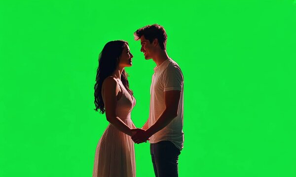 A young couple in love, standing side-by-side and holding hands, with a green screen background.