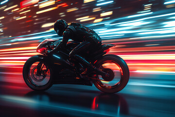 motorbike at high speed along the highway of cyberpunk city