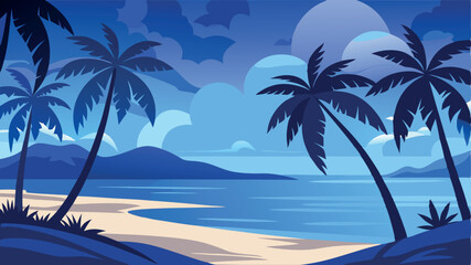 Fototapeta premium Tropical island paradise with palm trees on a beautiful sandy beach, clear sea, and blue sky, perfect for a summer vacation