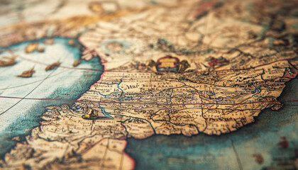 Fototapeta premium Antique maps of old cities or unexplored territories, with faded colors and intricate details, giving a historic and adventurous vibe.