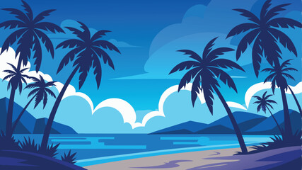 Obraz premium Tropical island paradise with palm trees on a beautiful sandy beach, clear sea, and blue sky, perfect for a summer vacation