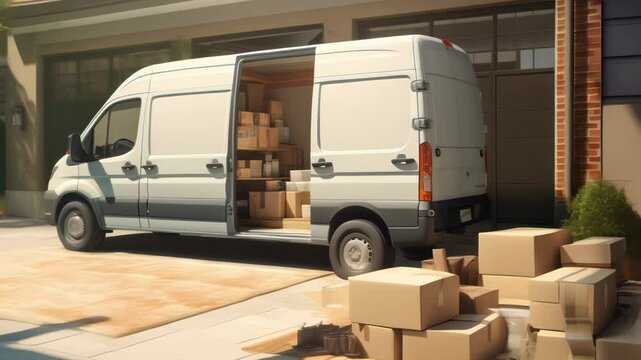 White delivery van unloads cardboard boxes in a sunny driveway, showcasing efficient logistics in a suburban neighborhood