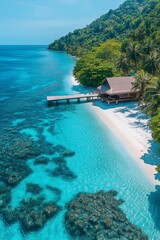 Fototapeta premium Scenic tropical beach with a wooden pier, crystal clear water, and lush greenery on a sunny day in a serene coastal setting