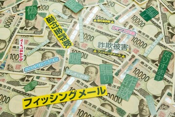 一万円札の背景と特殊詐欺イメージ
