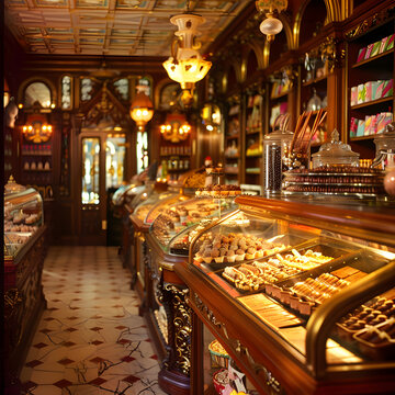 Victorian candy store interior with displays of chocolate and confectionery