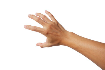 Asian man's hand showing up gesture on white background