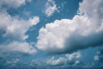 Fototapeta premium Calm Expanse: Soft Cumulus Clouds Gliding in a Sunlit Azure.