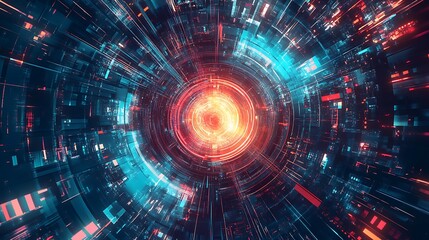 Obraz premium Abstract digital tunnel with bright neon glowing light and lines in red, blue, and orange colors.