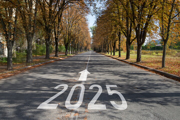 Obraz premium asphalt road with New Year 2025 concept. Direction to New Year concept and sustainable development idea for goal and success, start.