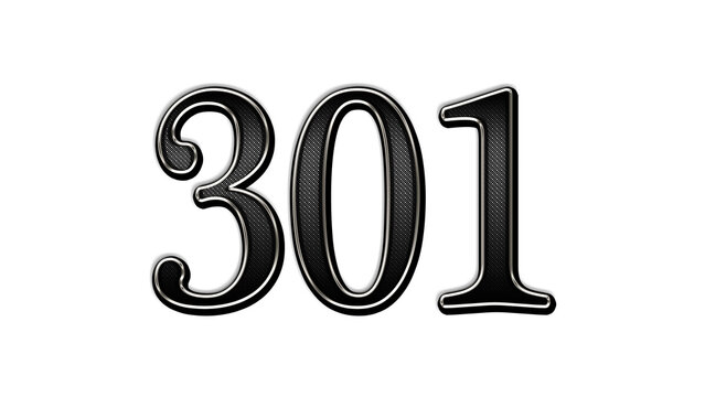 black metal 3d design of number 301 on white background.