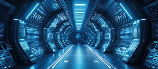 Futuristic spaceship corridor with blue glowing lights and metallic walls.