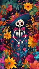 A joyful skeleton in traditional attire surrounded by bright flowers celebrating life and death