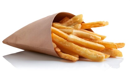 French Fries in a Paper Bag. A portion of crispy golden French fries in a brown paper bag