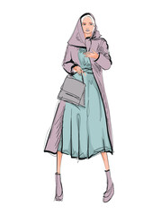 Beautiful young girl in stylish clothes. Fashion woman look. Sale concept. Hand-drawn fashion illustration. Cute girl in fashion clothes. Beautiful women in stylish clothes. Fashion sketch