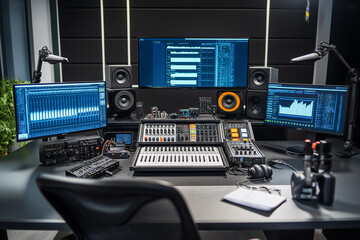 Immersive Podcast Studio with Colorful LED Lighting and Welcoming Seating for Lively Discussions