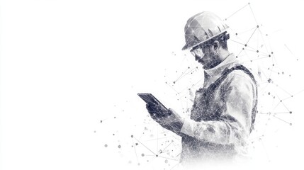 Abstract polygonal isolated engineer in technology style on a white background. Industry safety or architecture concept. Worker in white helmet holding tablet. Low poly wireframe vector illustration