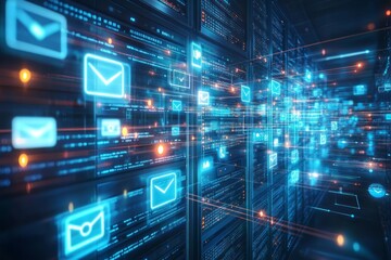 Fototapeta premium Futuristic emails in a glowing digital network, symbolizing modern communication.