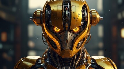 Fototapeta premium A close-up of a golden robot's head with glowing eyes, set against a blurry background.