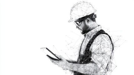 Abstract polygonal isolated engineer in technology style on a white background. Industry safety or architecture concept. Worker in white helmet holding tablet. Low poly wireframe vector illustration
