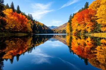 Fototapeta premium A peaceful lake surrounded by autumn trees, their colorful leaves reflected perfectly in the still water, creating a mirror-like effect
