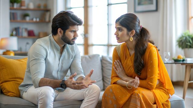 Problems, quarrel and divorce. Indian couple having domestic scandal, upset  turned away and ignoring each other