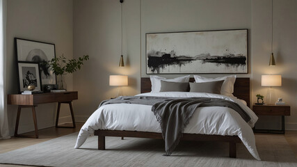 Stylish Modern Bedroom with Monochrome Artwork and Warm Lighting