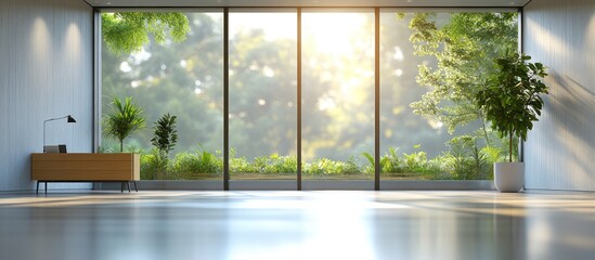 Large windows in a modern room with wooden table, desk lamp, and plants overlooking a lush green forest.
