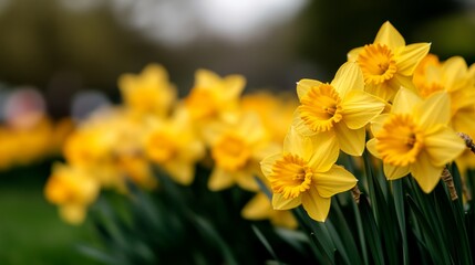 A cluster of radiant yellow daffodils stands out against soft green foliage, embodying the essence of spring in a natural garden setting, with ample space for text