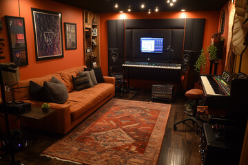Podcast Studio Exudes Coziness with Comfortable Seating and a Warm Atmosphere