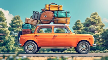 A family car packed with luggage and heading out on a road trip with