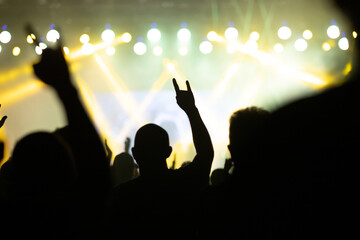 Crowd at concert and colorful stage lights.