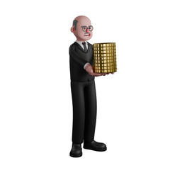 Professional Male Judge in 3D Animation. A male judge is seen standing while his hands are carrying several stacks of gold coins. Judicial