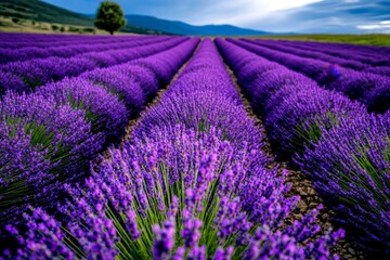 Obraz premium A rolling field of lavender under a deep blue sky, with rows of purple blooms stretching toward the horizon and a single tree in the distance
