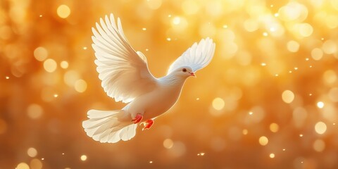 Fototapeta premium White Dove Flying in Golden Warm Light