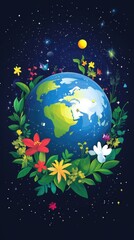 Fototapeta premium This artwork depicts a vibrant planet thriving with life, highlighting science and sustainability