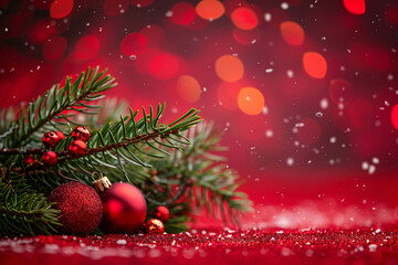 red background with branch of christmas tree and baubles with copy space for text