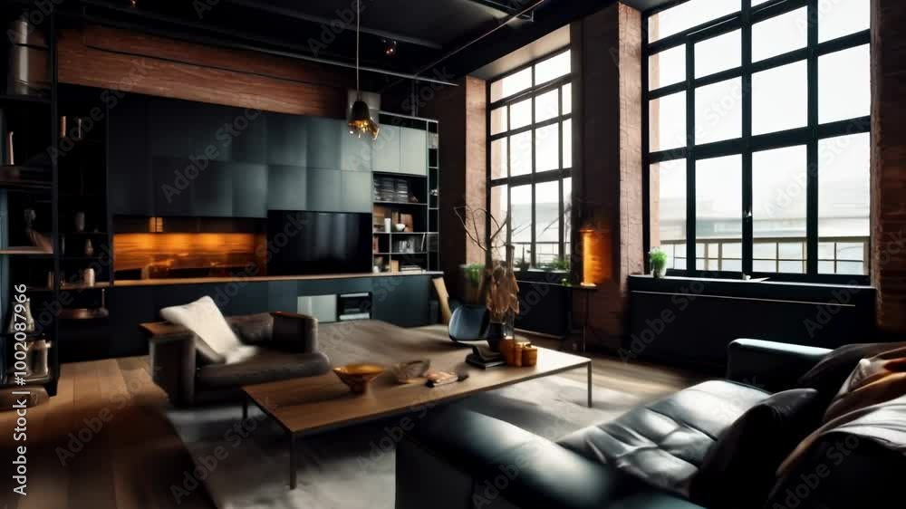 Poster sunlight is shining through the large windows of this modern open plan apartment featuring exposed b