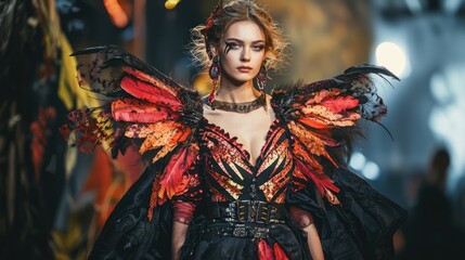 A fashion model showcasing a stunning Halloween costume on the runway, highlighting creative designs and dramatic elements