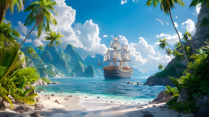 Fototapeta premium Pirate adventure on the high seas. Large pirate ship making its way to the bay of a tropical island.