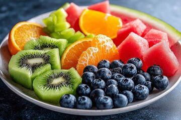 A vibrant fruit salad with watermelon, blueberries, kiwi, and oranges, showcasing healthy, vitamin-rich food options