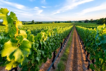 A vineyard at sunrise, with rows of grapevines stretching into the distance, bathed in the soft, golden light of the early morning sun