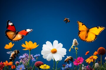 Obraz premium A wildflower meadow alive with biodiversity, with bees, butterflies, and various birds interacting among a vibrant display of colorful flowers