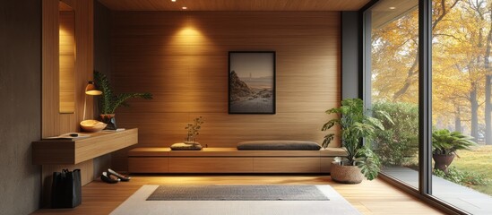 Minimalist hallway with wooden walls and a bench, featuring a large window with a view of autumn foliage.