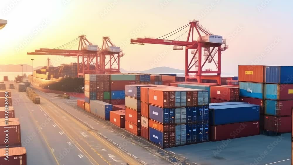 Poster Cargo being unloaded from a container ship at a busy port terminal, with cranes moving containers around and trucks waiting to transport them