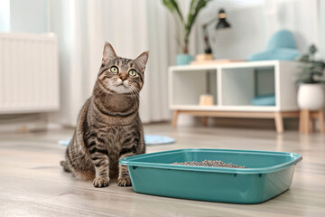 Fototapeta na wymiar cute cat sitting near litter box