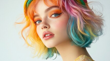 Fototapeta premium Close-up portrait of a young woman with colorful hair.